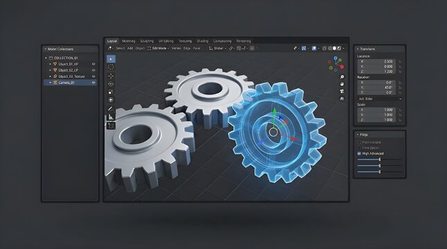 3D Modeling Software Interface with Interlocking Gears