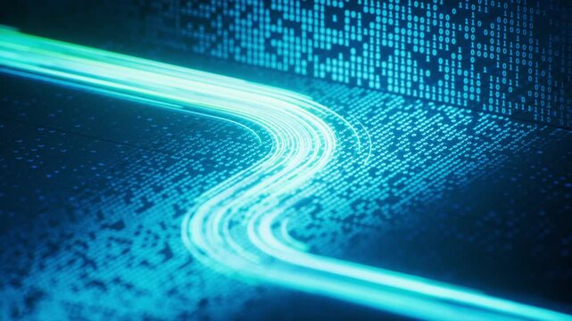 Abstract digital data flow over circuit board with glowing light trails and binary code, a seamless loop representing high-speed communication and network processing