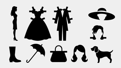 Paper dolls vector silhouette set featuring vintage fashion clothing, dress, suit, hat, accessories, umbrella, wig, boots and dog pet for retro cutout game or creative design project.