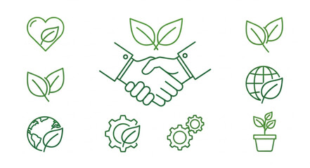 Set of environmental icons and symbols for sustainability and ecology.