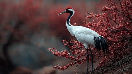 Naklejka premium Elegant Crowned Crane Among Blossoming Spring Flowers in Nature