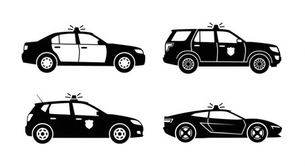 Set of four different police cars in silhouette. © Kimpling
