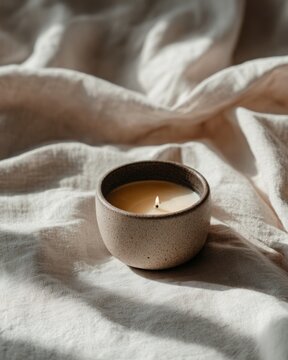 Candlelight Serenity: A lit candle casting a warm, inviting glow, nestled amidst soft, textured fabric, evokes a sense of peace and tranquility.