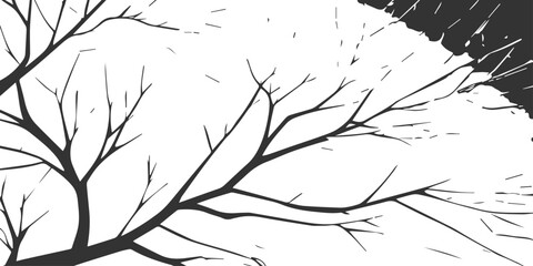 A black silhouette of a winter tree with frozen branches and tiny twigs stands against a cold sky in a snowy forest landscape vector illustration © GrungeForge