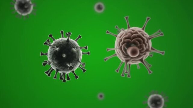 Microscopic view of viral particles with spikes on green background for medical or scientific use