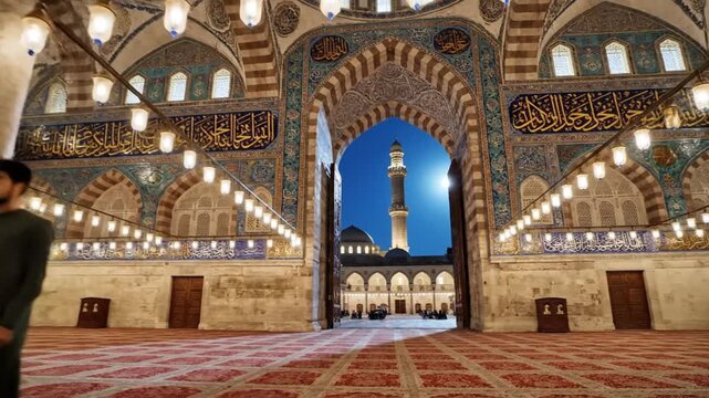 Men praying inside a mosque with arches and tower in background at dusk