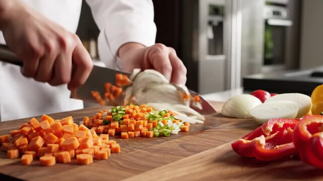 Person chopping carrots on wooden cutting board in kitchen with sliced vegetables