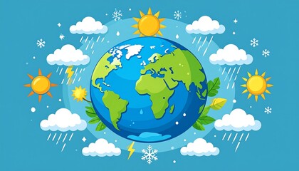 Naklejka premium A vibrant illustration depicts Earth surrounded by various weather phenomena. Clouds, suns, rain, snow, and lightning encircle the globe