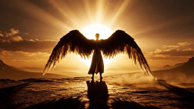 Silhouetted angel standing with wings spread on a road with a vibrant sunset behind in a mountainous landscape