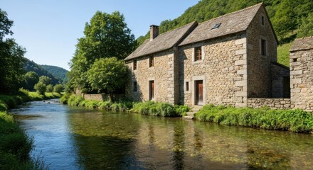 Obraz premium Rustic stone building next to a flowing river, surrounded by lush green foliage and hills
