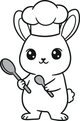 Obraz premium Cute Black Cartoon Rabbit Looking at Tall Stack of Pancakes on White Background