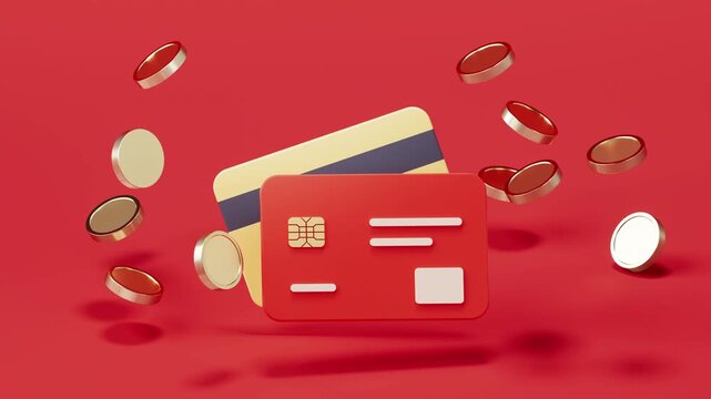 Dynamic credit cards and floating coins in motion over a vibrant red background, perfect for finance and payment concepts footage