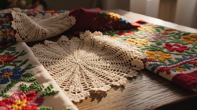 Traditional embroidered tablecloths and doily on a wooden table with sunlight