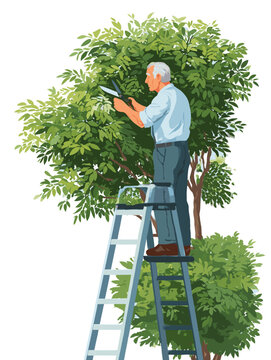 A senior man pruning tree branches while standing on a step ladder - common causes of falls and accidental injuries