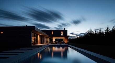 Obraz premium Modern minimalist home with pool at dusk, under a sky with streaks of clouds