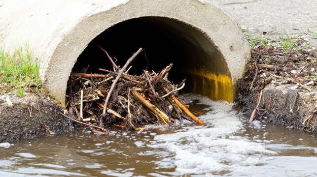 A concrete culvert opening is partially blocked by an accumulation of branches and natural debris with water flowing around and through the obstruction