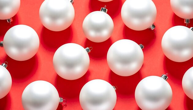 Elegant White Christmas Ornaments on a Vibrant Red Background.