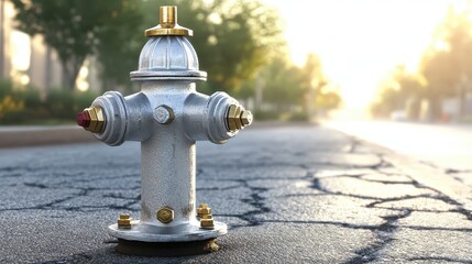 Naklejka premium A gleaming silver fire hydrant with brass accents stands on a cracked asphalt street with a blurred background of trees and sunlight