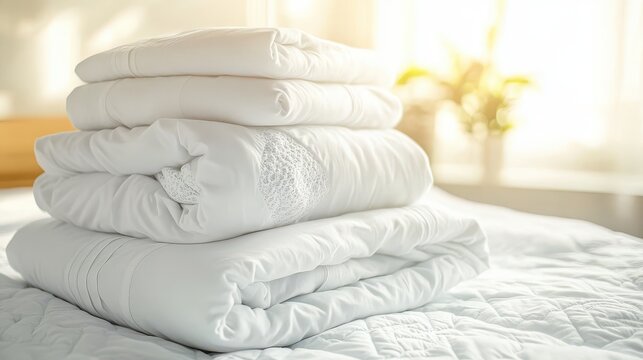 A neat stack of clean white cotton sheets and pillowcases folded and ready on a bed