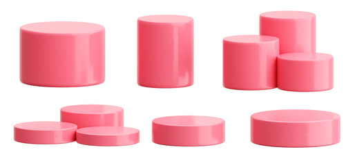 Pink podium set for product display glossy cylinder pedestal collection 3d render isolated on transparent background for cosmetic presentation showcase