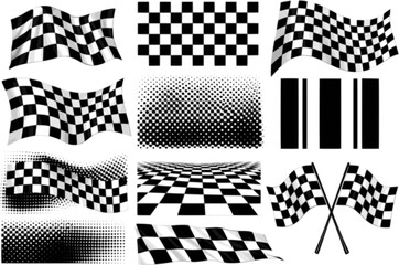 Collection of wavy and distorted checkered flags and patterns in black and white
