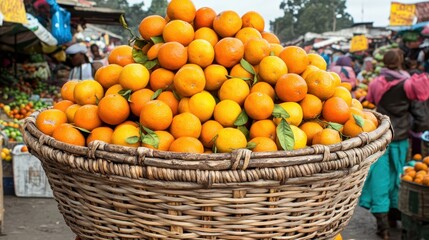 A large woven basket overflowing with fresh colorful oranges at a market stall