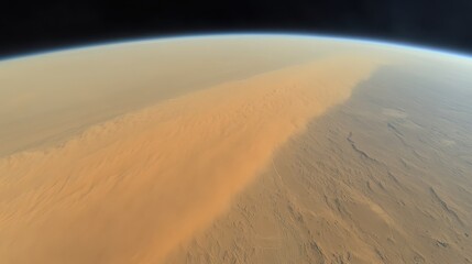 A massive dust storm blankets the earth's surface seen from space impacting air quality with a wide band of brown haze stretching across the horizon