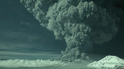A massive volcanic ash cloud erupts violently into the sky creating a dramatic natural spectacle with immense power and scale