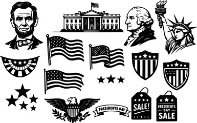 Presidents Day Sale American Patriotic Holiday USA Lincoln Washington White House February Vector Icon Set - American Flag Liberty Line Art