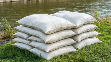 A neat pile of heavy duty sandbags meticulously arranged on grass beside a body of water