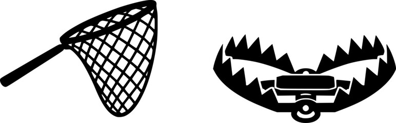 Trap and net icon set. Catching, hunting, and fishing tool. Metaphor for risk, danger, addiction, and capture. Business trap, bait, snare, phishing, and mistake concept. 