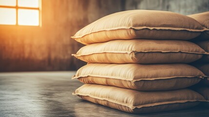 A neat stack of large unbranded sacks of rice sits aligned on a textured surface with warm sunlight illuminating the scene
