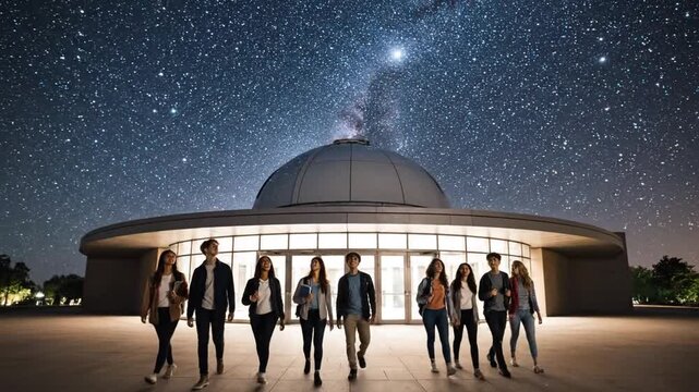 astronomy students entering observatory building representing future focused science education journey Video 4K UHD 60fps
