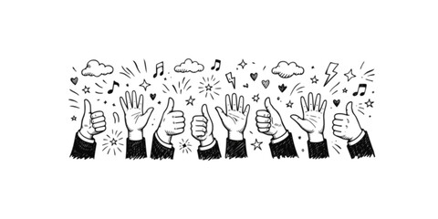 Obraz premium Celebration doodles hands musical notes stars and positive symbols in black and white 