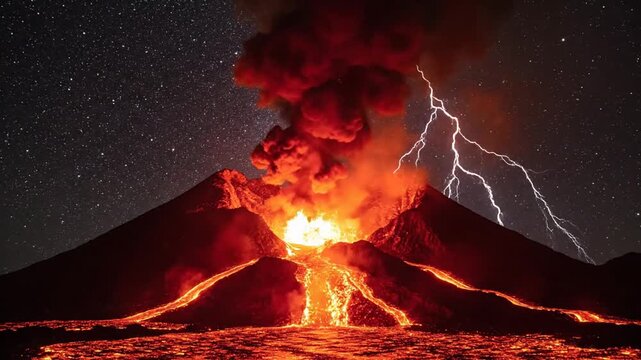 Volcanic eruption at night with lava flowing and lightning in the background, set against a starry sky