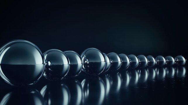 A row of gleaming stainless steel geometric spheres arranged in a line against a dark reflective background