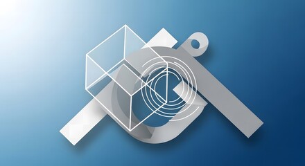 Abstract geometric logo design featuring a wireframe cube and circular elements