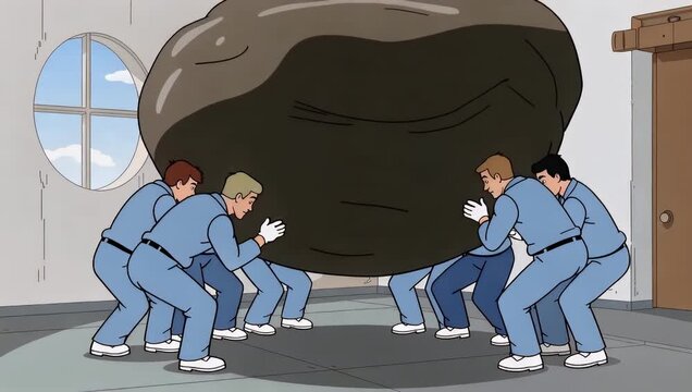 Strenuous team effort animated workers transporting a massive boulder inside a facility with circular windows symbolizing collective strength and