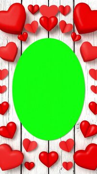 Rustic White Wood Background with 3D Red Hearts Frame and Green Screen Oval for Valentine Love Concept