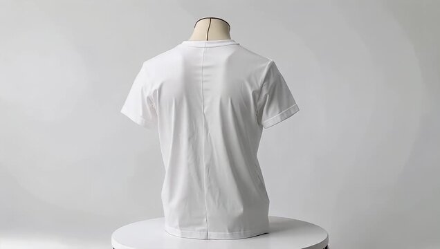 Smooth rotating display white t-shirt on mannequin revolving on pedestal bright studio background clean garment presentation
