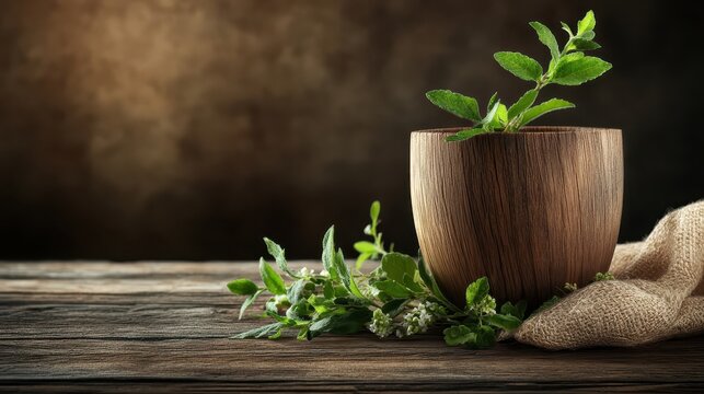 A wooden cup overflowing with fresh green herbs and leaves rests on a rustic wooden table surface with soft natural lighting
