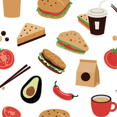Cute Pixel Art Fast Food Pattern With Hamburgers And Drinks