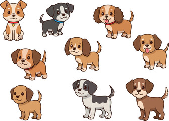 Cute Pixel Art Puppies Vector Set Simple Flat Design Isolated Cute Dog Characters