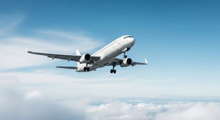 Fototapeta premium Commercial Airplane Ascending Through Sky with Fluffy Clouds, Landing Gear Extended