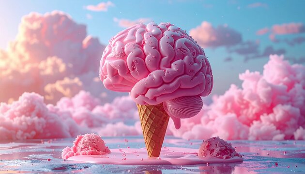 Surreal pink brain ice cream cone melting under a sky with fluffy pink clouds.