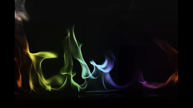 A mesmerizing display of colorful smoke swirling on a dark background, featuring vibrant rainbow hues of orange, yellow, green, blue, and purple in a dynamic composition