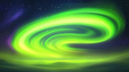 Abstract swirling patterns of vibrant green aurora borealis in the night sky with distant stars