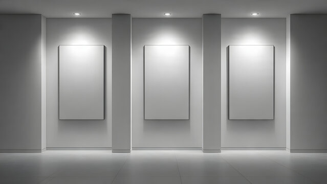 Sleek Modern Art Gallery Interior with Three Blank Vertical Frames on White Walls, Expertly Lit by Spotlights, Providing a Clean Backdrop for Exhibitions or Product Presentation