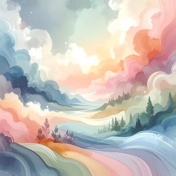 Watercolor landscape painting with pastel hues, rolling hills, trees, and whimsical clouds in an abstract style