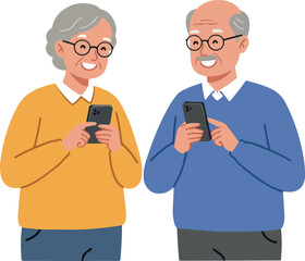 Elderly Couple Happy Smiling Using Smartphones Blue and Yellow Outfits
